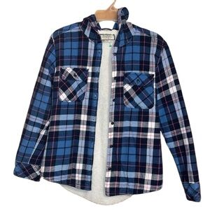 •BOSTON TRADERS•PINK & BLUE PLAID FLEECE LINED, HOOD, BUTTON UP SHACKET SMALL